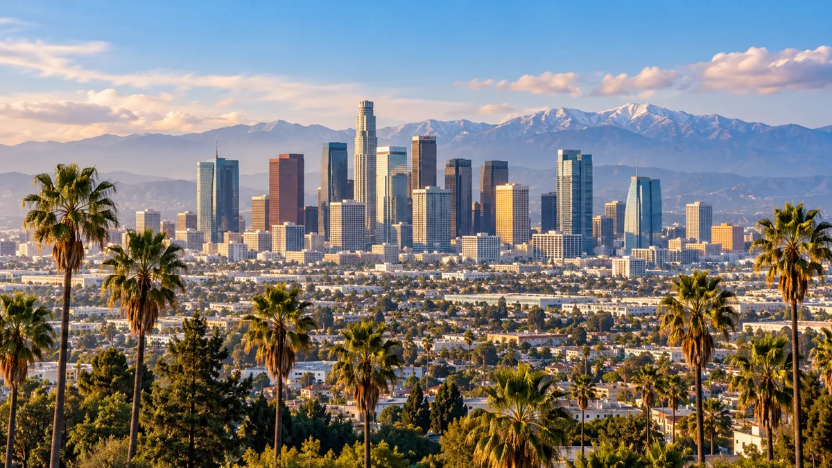 Downtown Los Angeles skyline with palm trees and distant mountains