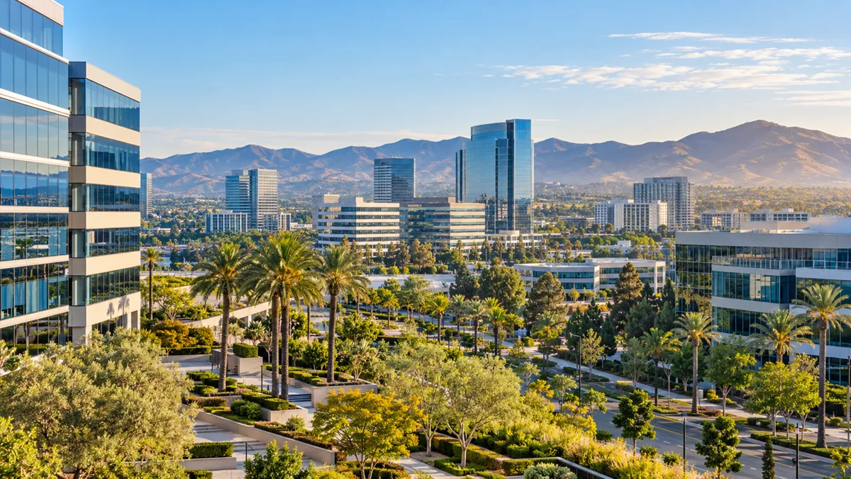 Modern Irvine business district with landscaped greenery and hills
