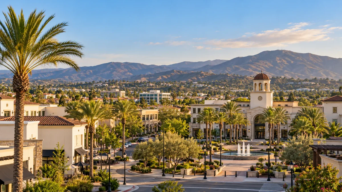 San Marcos town center with palms and inland hills